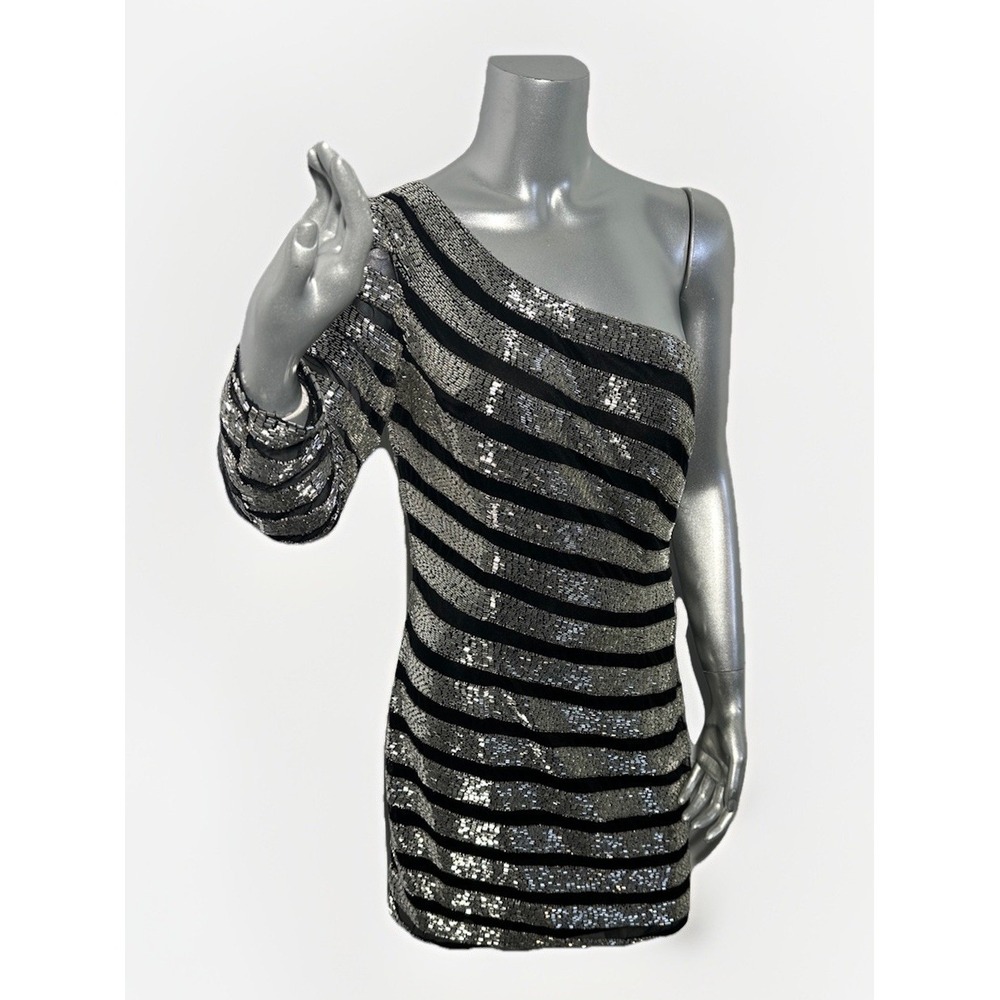 Aleta One-Shoulder Striped Beaded Sequin Mini Dress - Black & Silver 10 - Picture 3 of 13